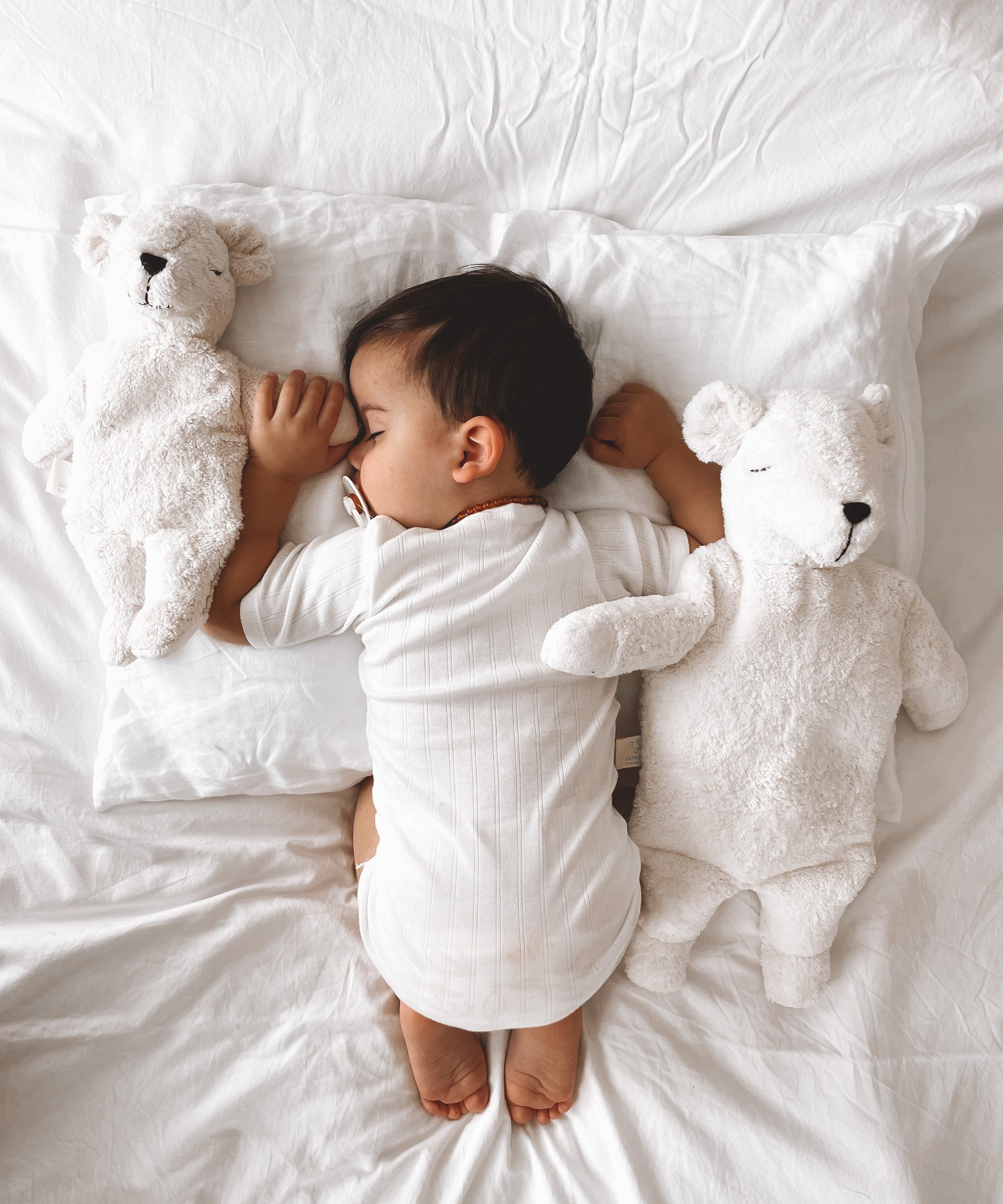 A sleeping baby with two Senger organic cotton white teddy bears
