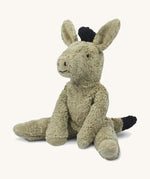 The Senger small floppy donkey - a cuddly, organic cotton stuffed animal with a natural wool filling. It has grey plush fur and is in a seated position. 