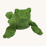 Senger Cuddly Green Frog - Small organic heatable soft toy on a cream background.