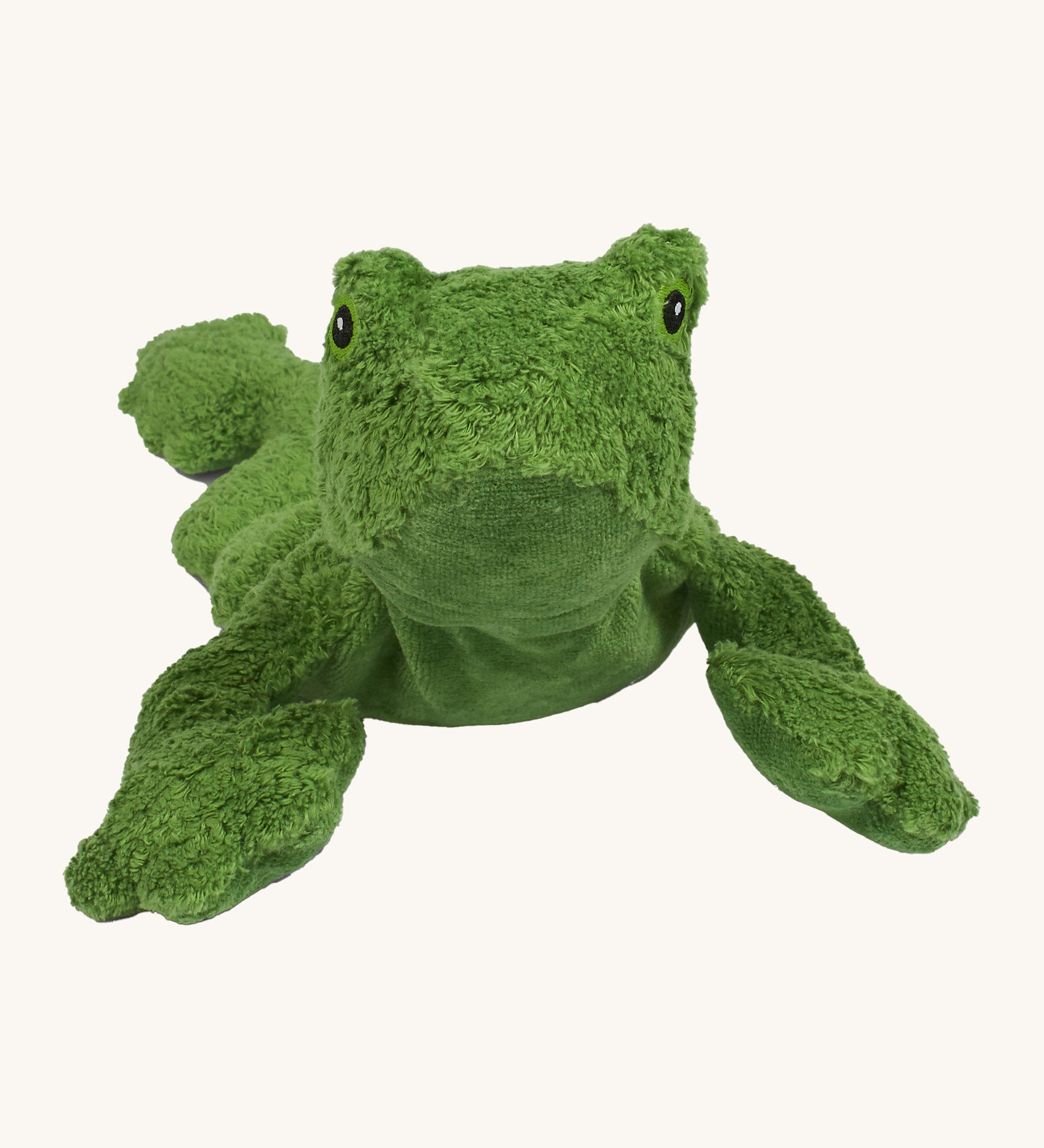 Senger Cuddly Green Frog - Small organic heatable soft toy on a cream background.