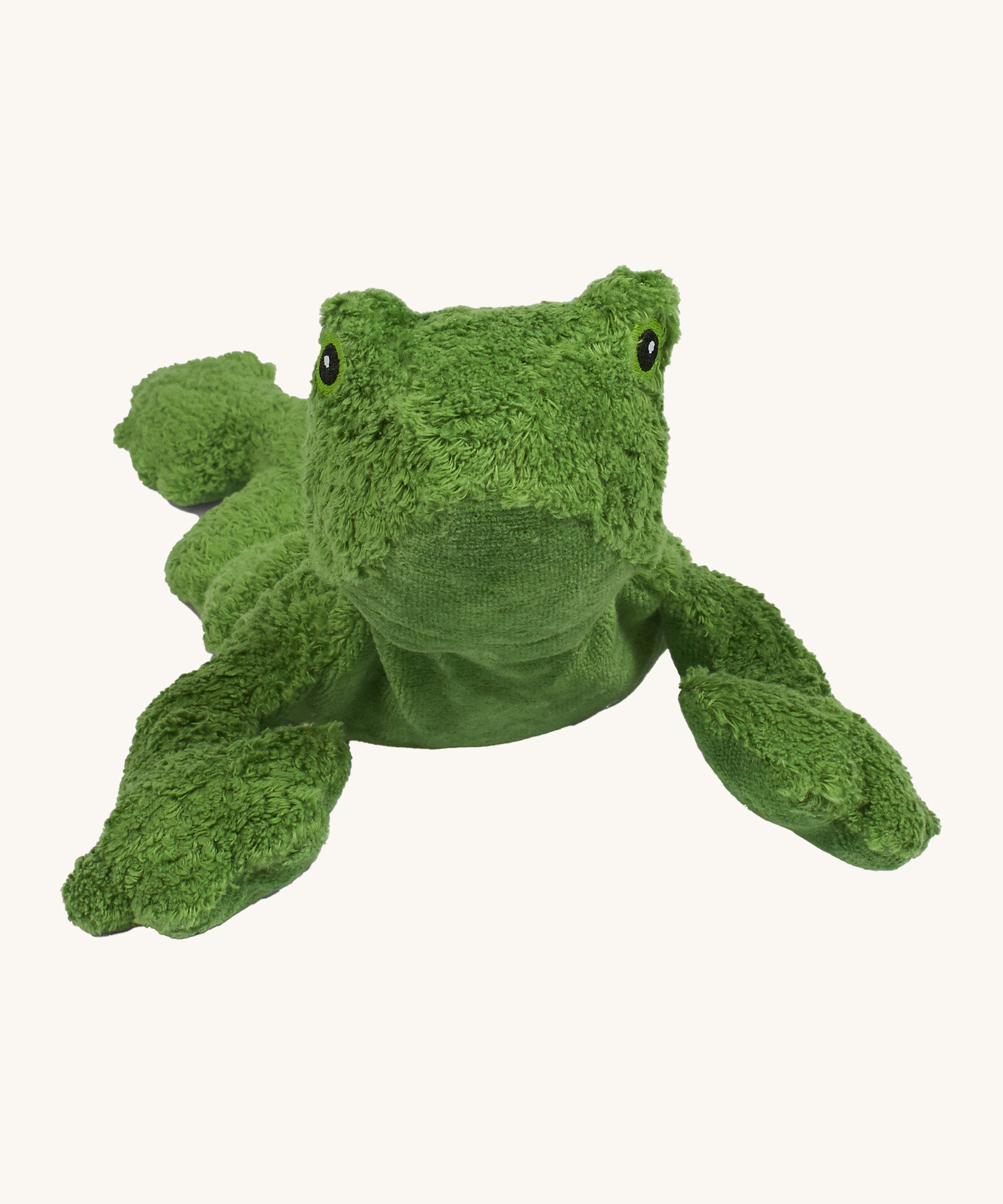 Senger Cuddly Green Frog - Small organic heatable soft toy on a cream background.