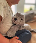 Child with a small Senger grey seal cuddly toy on their knee showing a close up of its face
