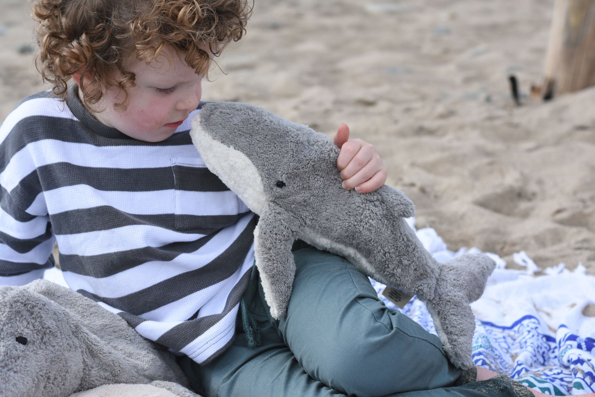 A child holding the small Senger whale cuddly animal up to their nose. 