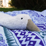 A close up of the head on the Senger white organic cotton goose pillow.
