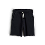 Eco Outfitters Organic Cotton Drawstring Sweat Shorts. Black shorts with white drawstring at waist. On white background