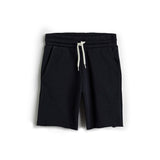 Eco Outfitters Organic Cotton Drawstring Sweat Shorts. Black shorts with white drawstring at waist. On white background