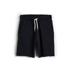 Eco Outfitters Organic Cotton Drawstring Sweat Shorts. Black shorts with white drawstring at waist. On white background