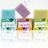 Back of the box of the Natural unscented Shower Blocks solid gel bar pictured on a plain background