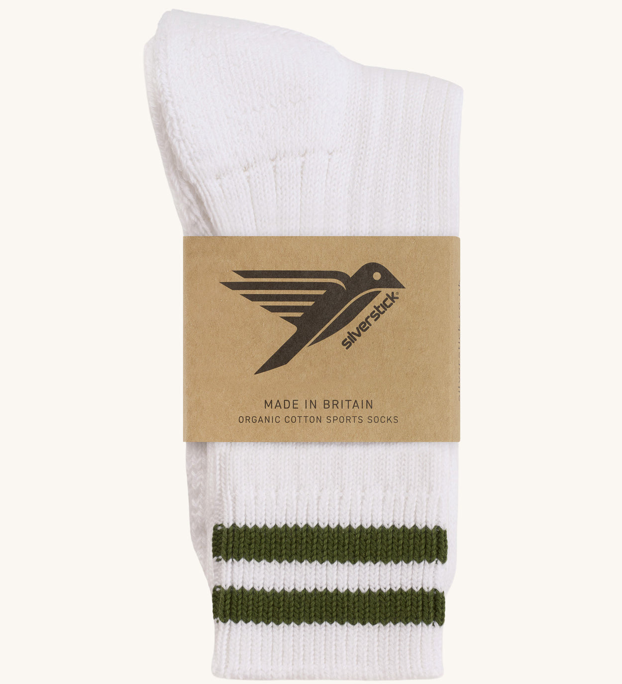 Silverstick Air Organic Cotton Sports Socks with green coloured stripes on white.