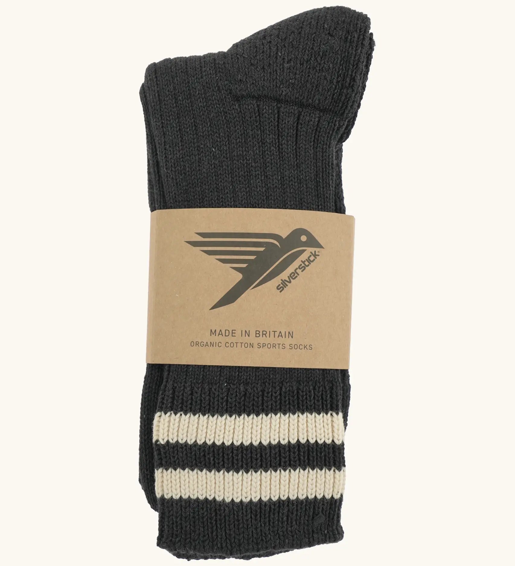 Folded Silverstick Air Organic Cotton Sports Socks in black with white stripes.