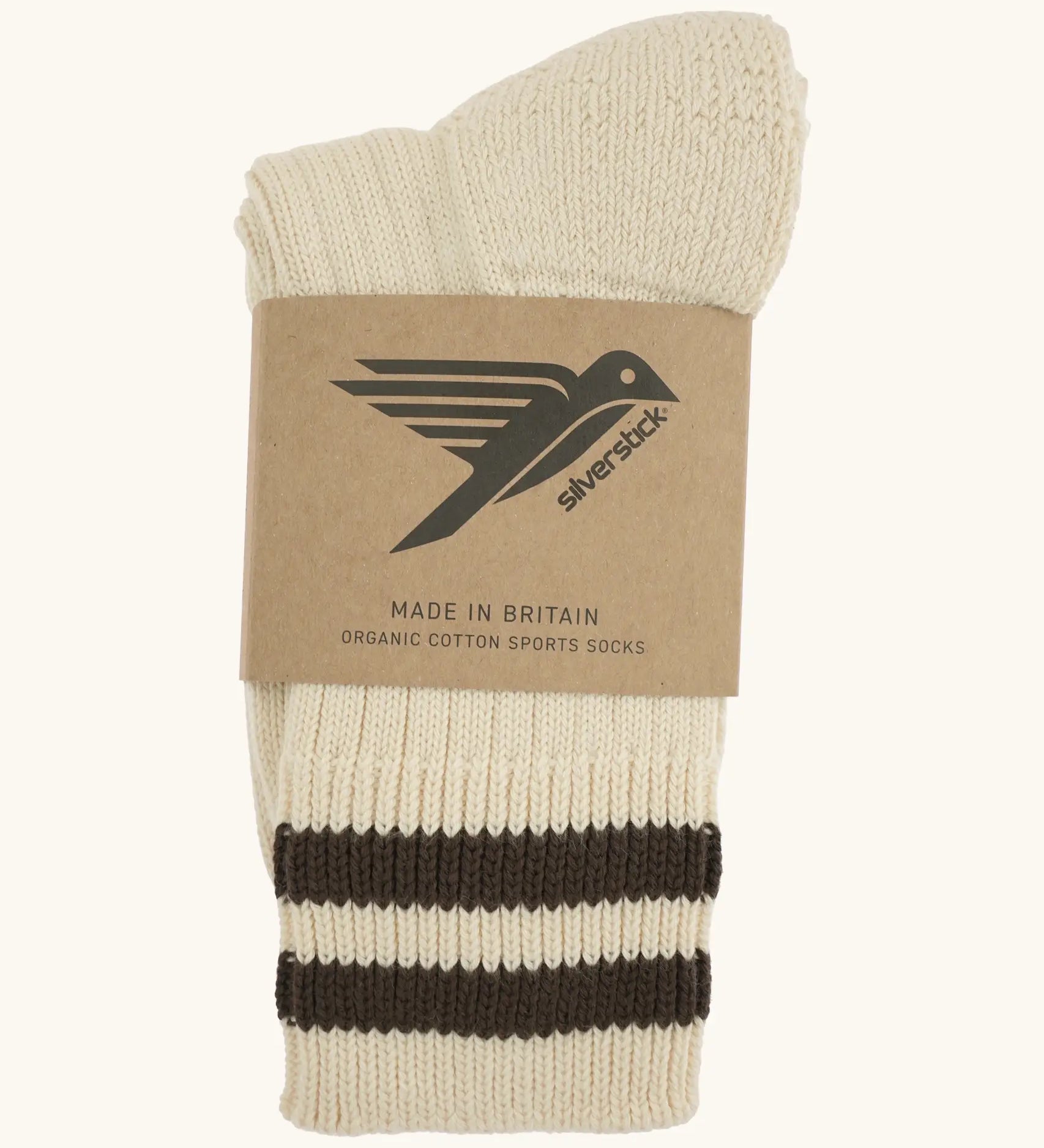 Folded Silverstick Air Organic Cotton Sports Socks in cream with corvo brown stripes.