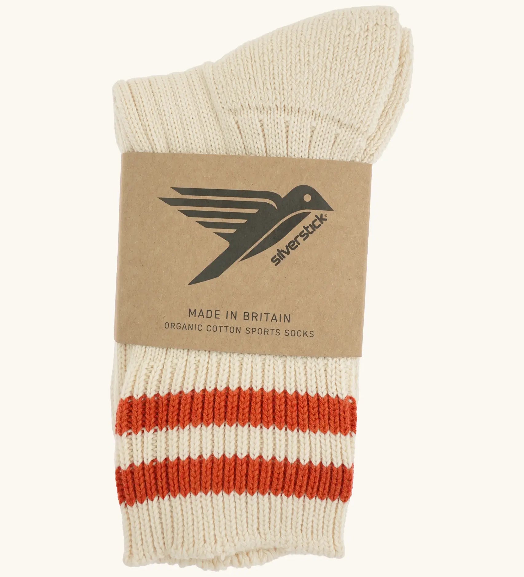 Folded Silverstick Air Organic Cotton Sports Socks in cream with tennis orange stripes.