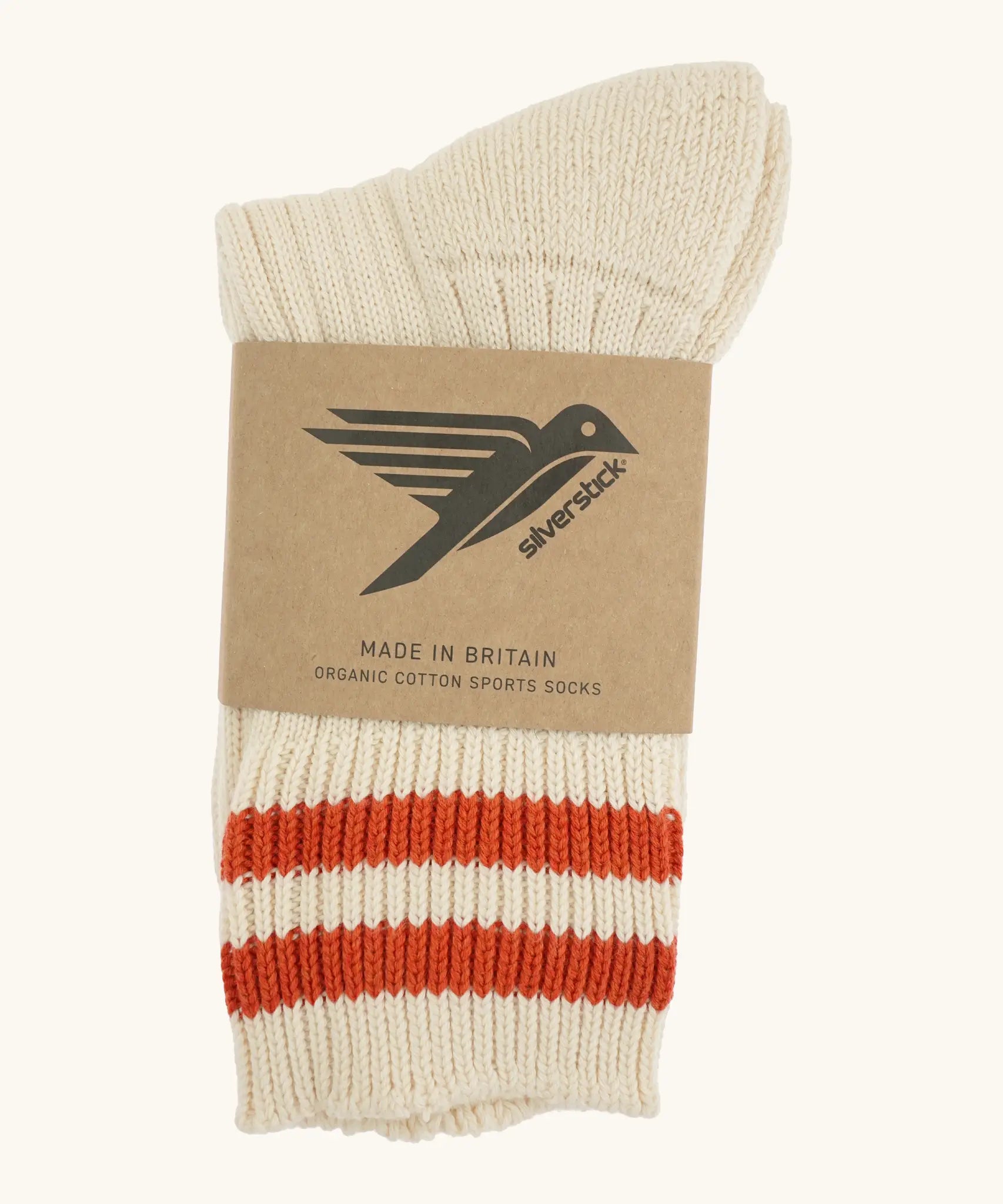 Folded Silverstick Air Organic Cotton Sports Socks in cream with tennis orange stripes.