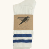 Folded Silverstick Air Organic Cotton Sports Socks in white with infinito blue stripes.
