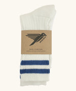 Folded Silverstick Air Organic Cotton Sports Socks in white with infinito blue stripes.