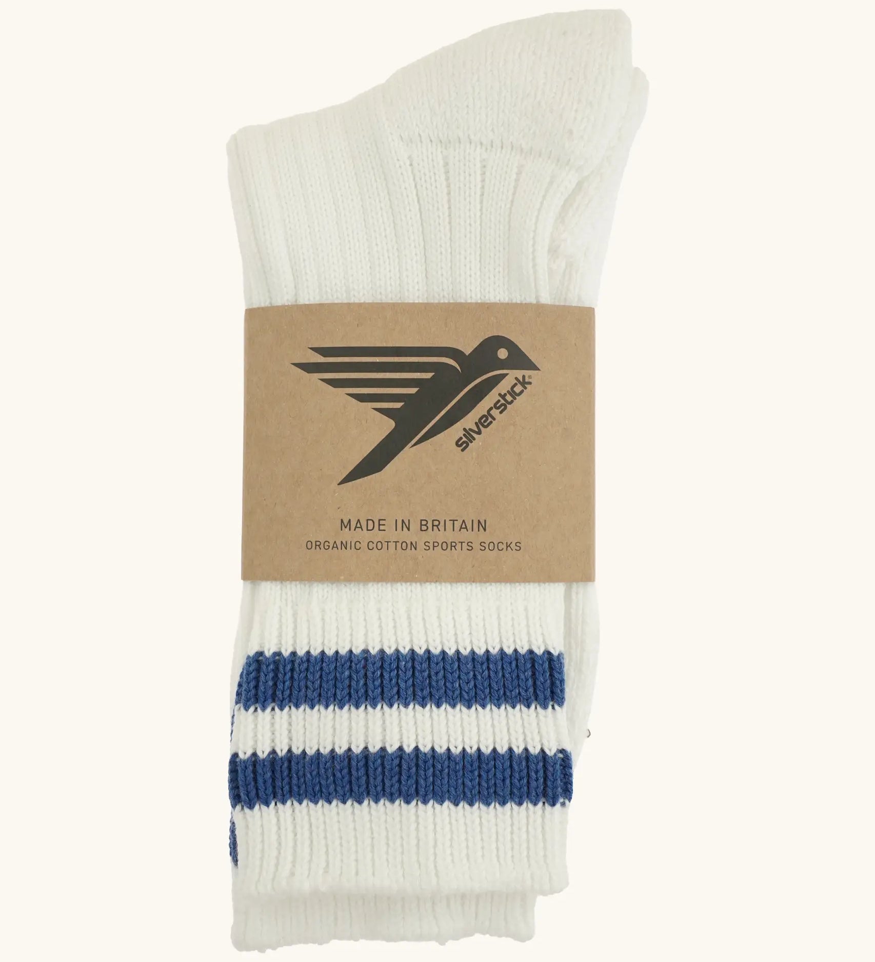 Folded Silverstick Air Organic Cotton Sports Socks in white with infinito blue stripes.