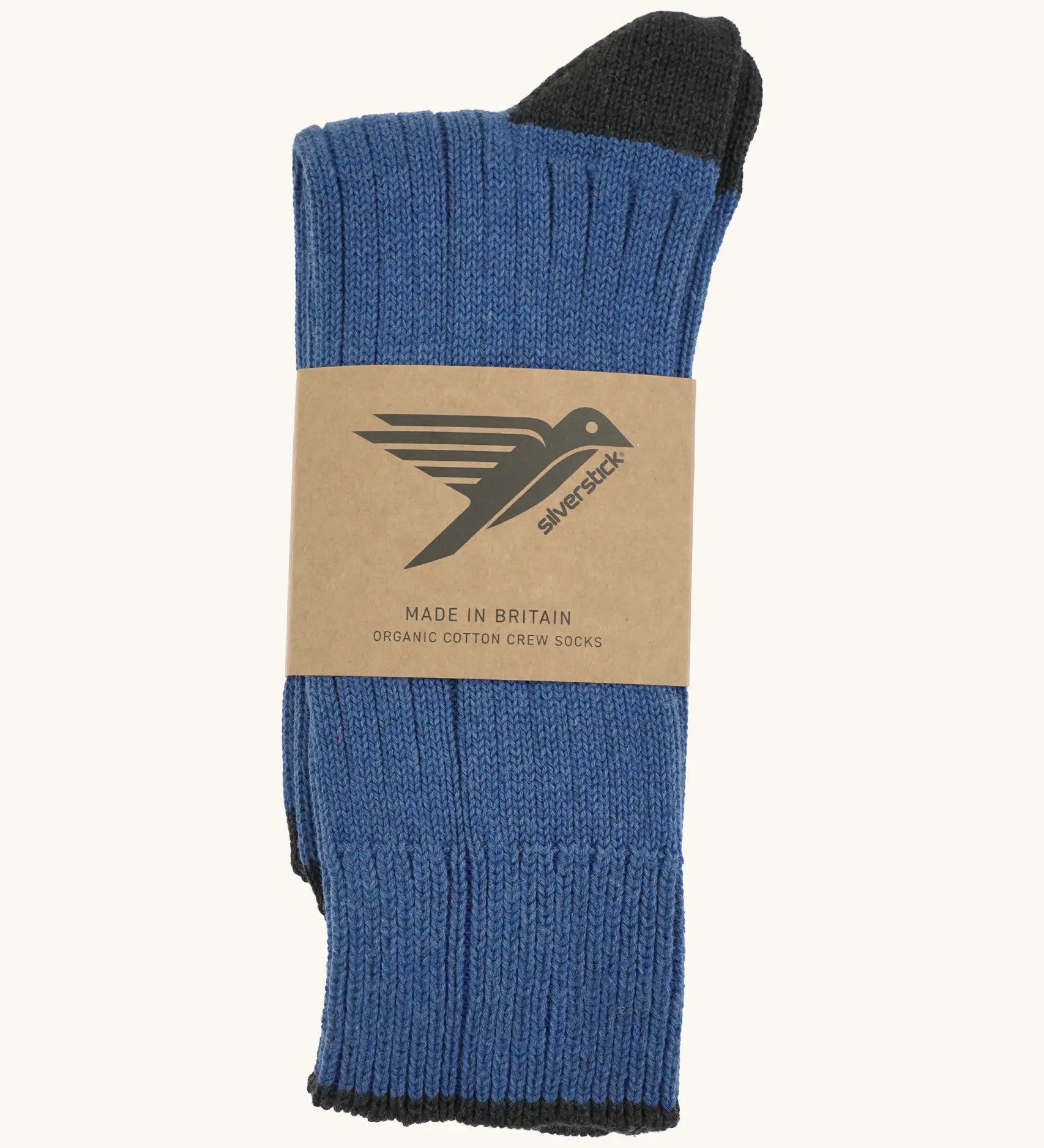 Folded Silverstick Caburn Organic Cotton Socks in the inifinito blue with black heel and ankle trim