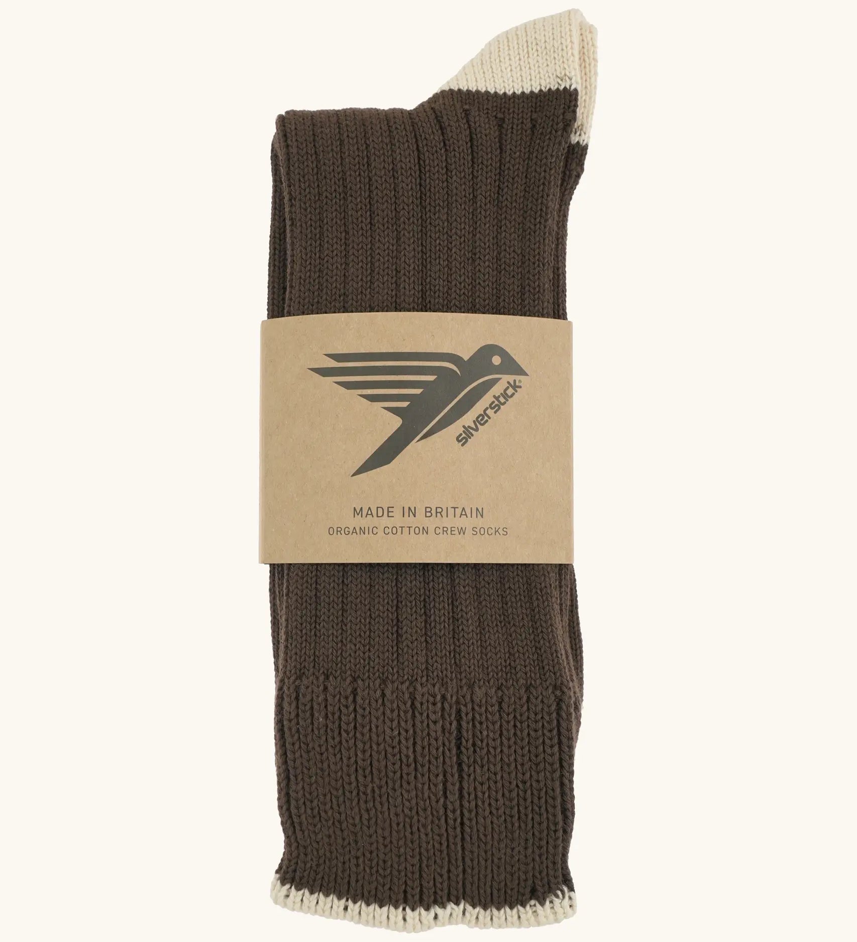 Folded Silverstick Caburn Organic Cotton Socks in brown with cream heel and ankle trim