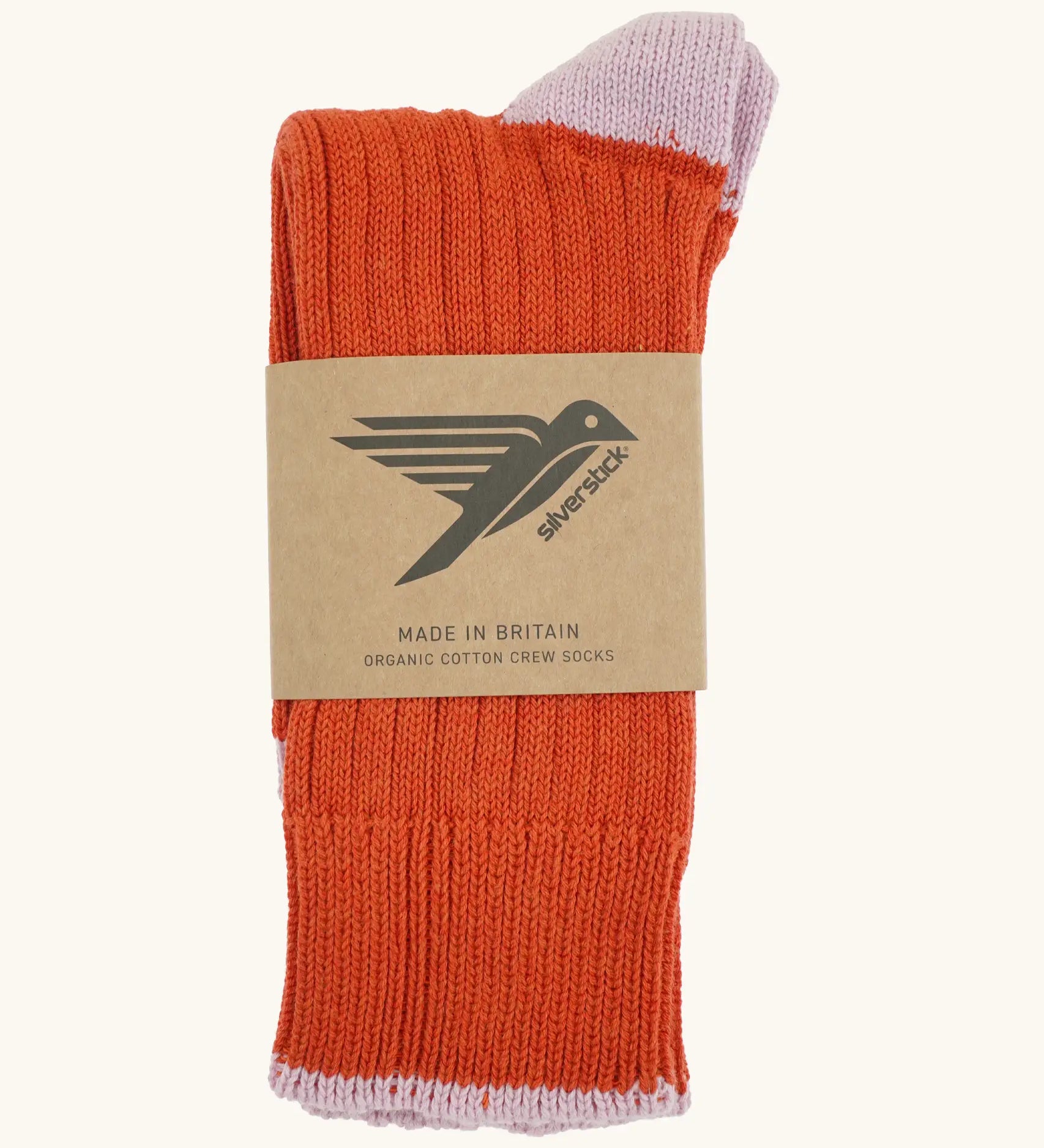 Folded Silverstick Caburn Organic Cotton Socks in rust with light purple heel and ankle trim