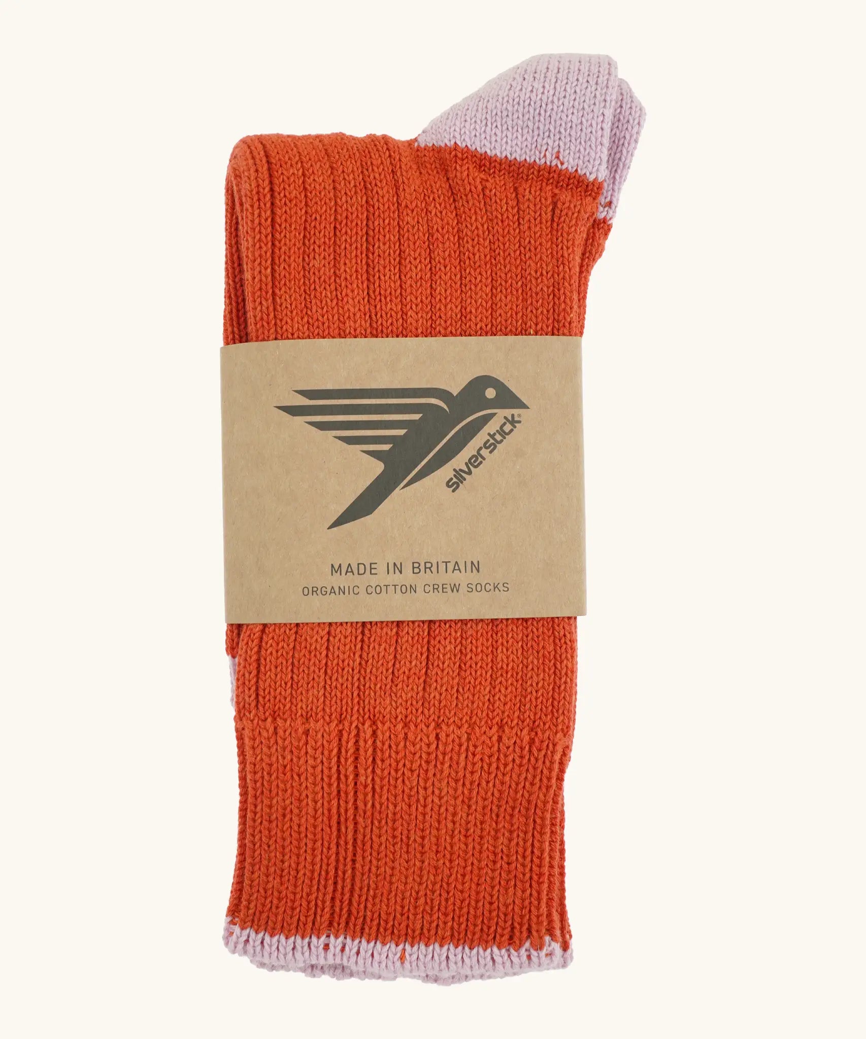 Folded Silverstick Caburn Organic Cotton Socks in rust with light purple heel and ankle trim