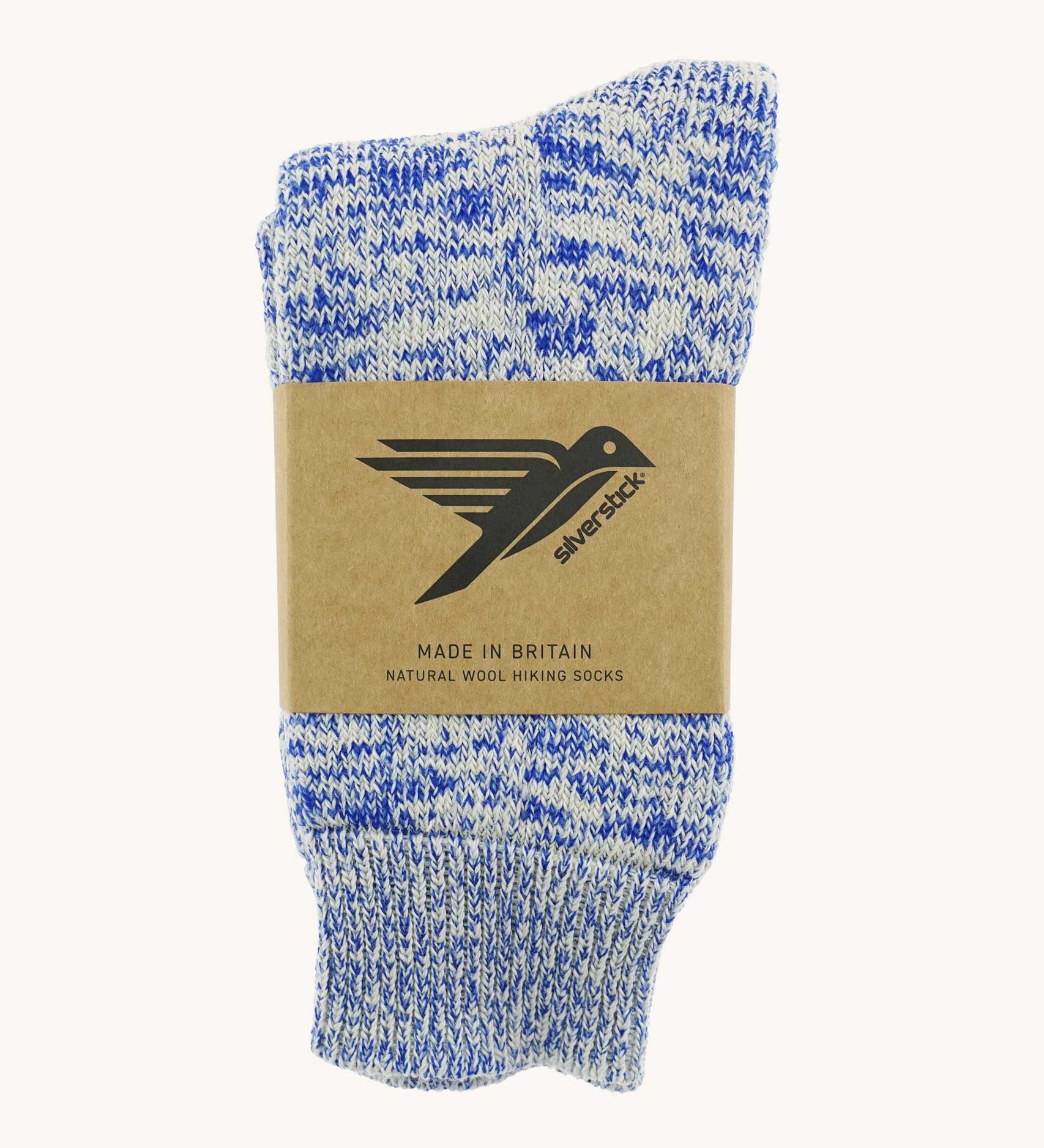 British made wool hiking socks by Silverstick, in a Royal Blue with grey and white patterns.