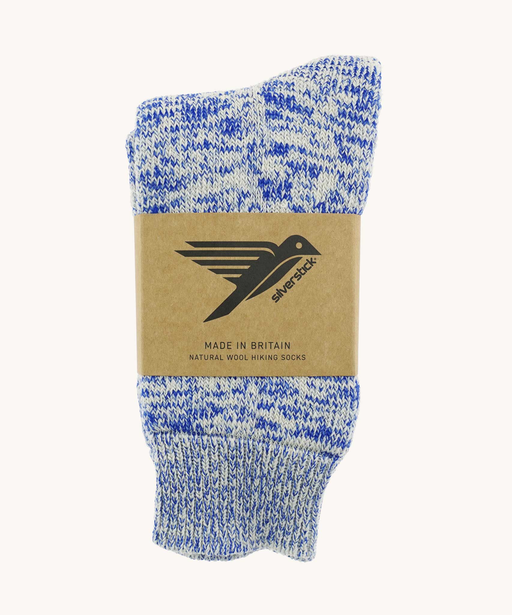 British made wool hiking socks by Silverstick, in a Royal Blue with grey and white patterns.
