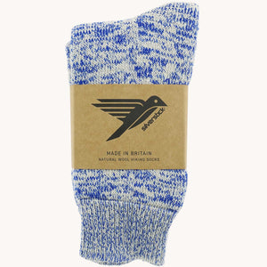 British made wool hiking socks by Silverstick, in a Royal Blue with grey and white patterns.