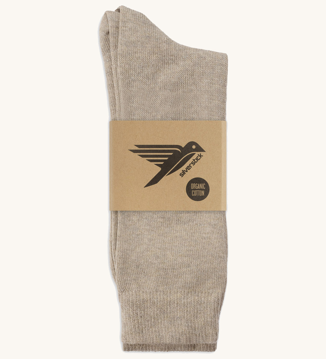 A pair of cream GOTS-Certified organic cotton everyday socks by Silverstick in recyclable paper packaging, made in Britain.