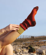 A close up of the Silverstick Matt Sewell Hawfinch Merino Socks on an adult's foot. 