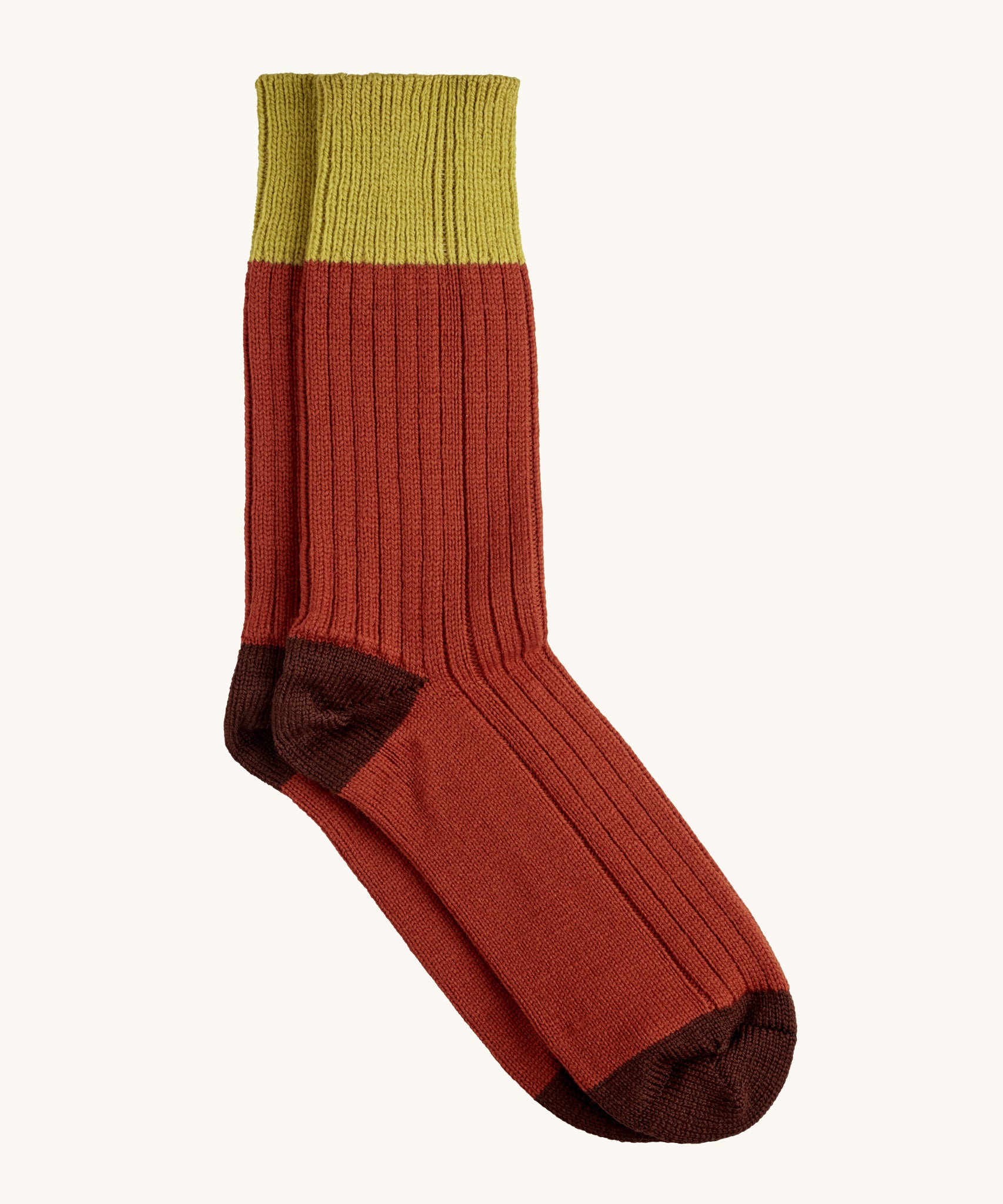 Silverstick Matt Sewell Hawfinch Merino Socks, red coloured socks with dark red heel and toe caps and a contrasting lime band of colour at the top. 