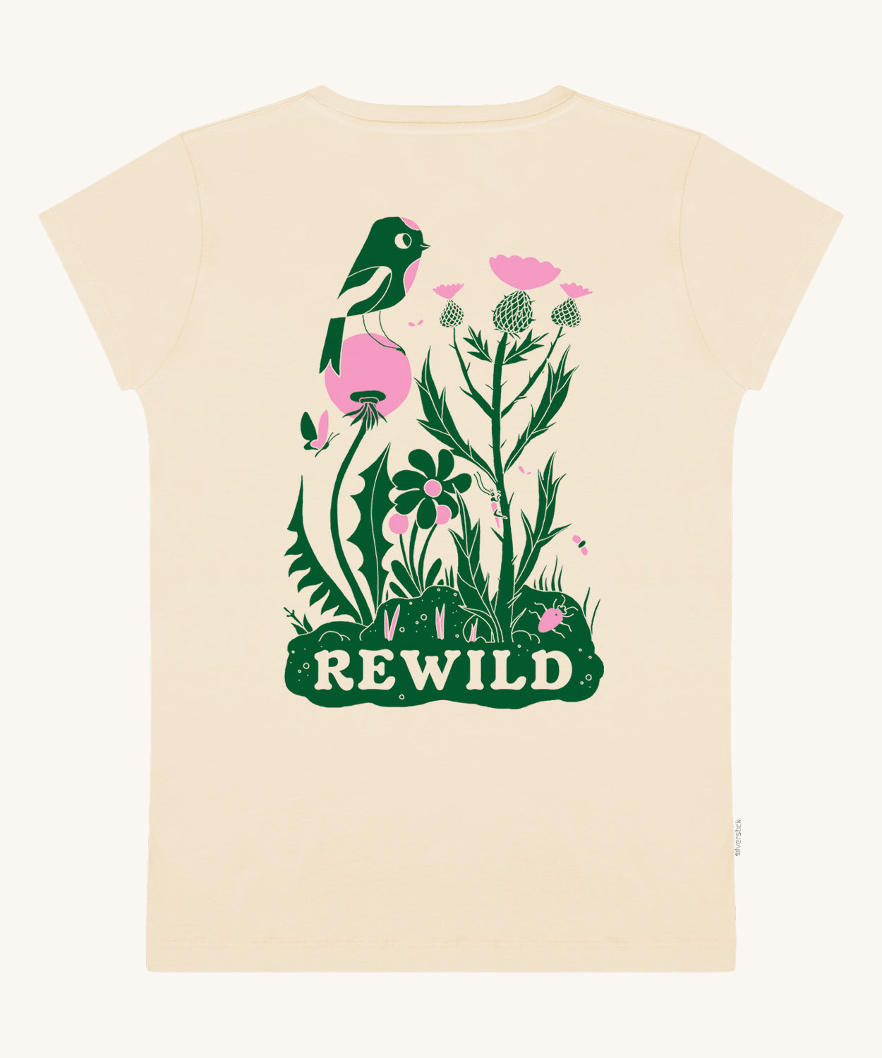 The back of the Silverstick Matt Sewell Rewild Organic women's T-Shirt in the cream coloured Angora colourway. The T-shirt features a large green and pink coloured graphic on the back with a bird amongst wildflowers with the word rewild written at the bottom