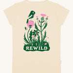 The back of the Silverstick Matt Sewell Rewild Organic women's T-Shirt in the cream coloured Angora colourway. The T-shirt features a large green and pink coloured graphic on the back with a bird amongst wildflowers with the word rewild written at the bottom