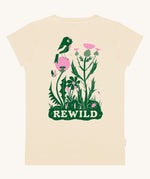 The back of the Silverstick Matt Sewell Rewild Organic women's T-Shirt in the cream coloured Angora colourway. The T-shirt features a large green and pink coloured graphic on the back with a bird amongst wildflowers with the word rewild written at the bottom
