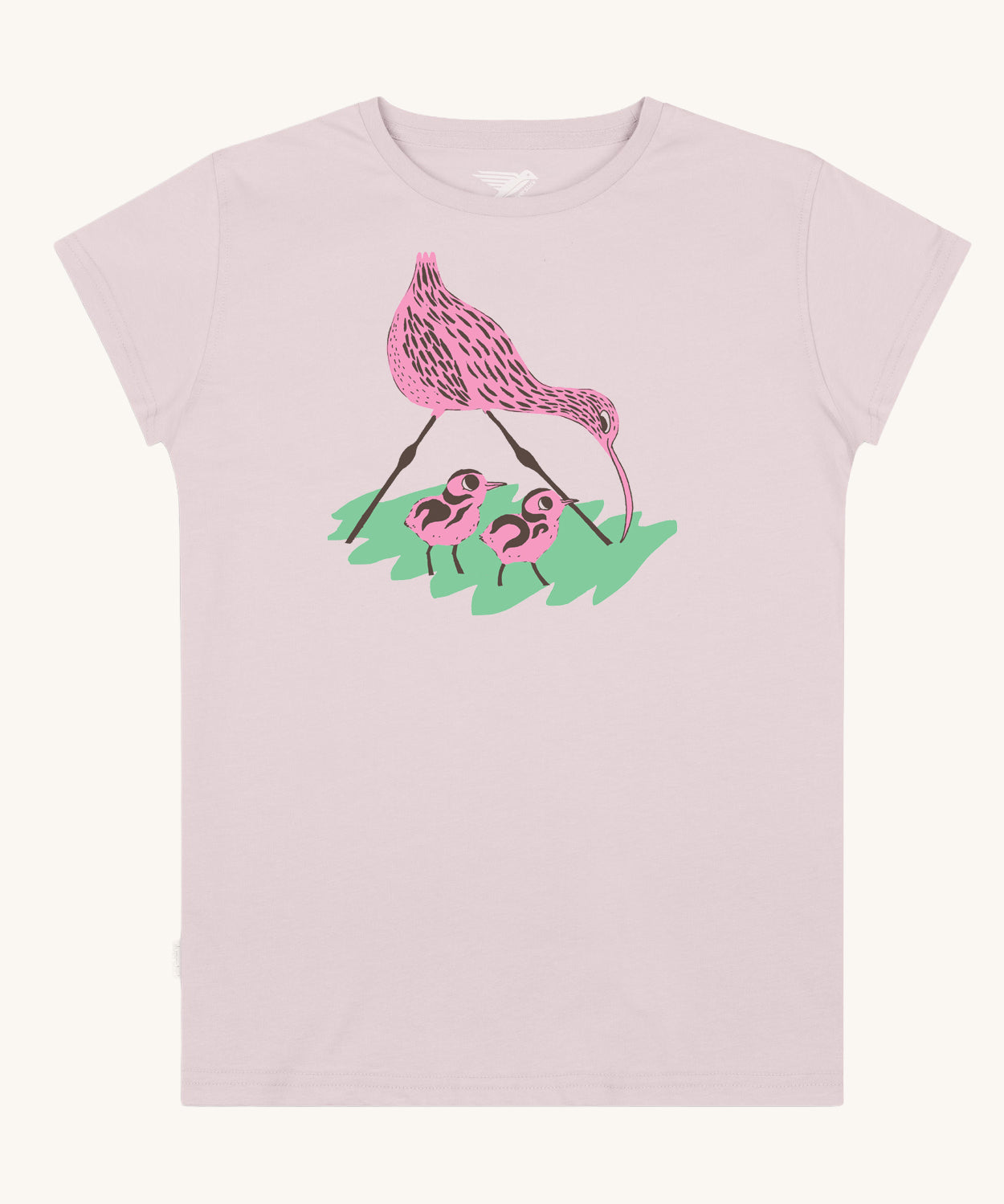 Silverstick Matt Sewell Curlew Organic T-Shirt in a Lilac colourway. The graphic on the front of the t-shirt features a pink curlew with two chicks and green surface. 