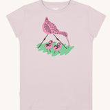 Silverstick Matt Sewell Curlew Organic T-Shirt in a Lilac colourway. The graphic on the front of the t-shirt features a pink curlew with two chicks and green surface. 