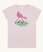 Silverstick Matt Sewell Curlew Organic T-Shirt in a Lilac colourway. The graphic on the front of the t-shirt features a pink curlew with two chicks and green surface. 