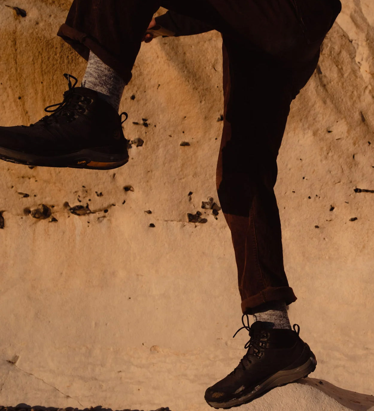 A closeup of a man's shoes, he's wearing the Silverstick Made In Britain wool hiking socks.