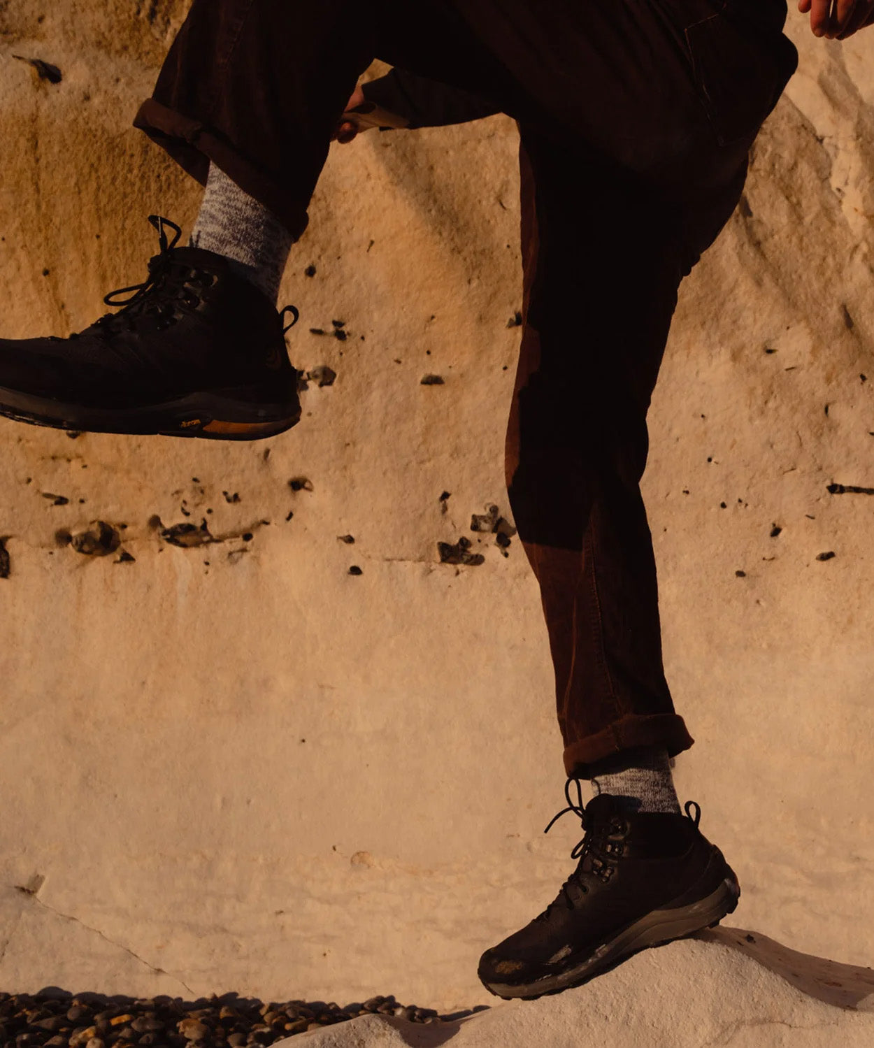 A closeup of a man's shoes, he's wearing the Silverstick Made In Britain wool hiking socks.