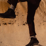 A closeup of a man's shoes, he's wearing the Silverstick Made In Britain wool hiking socks.