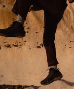 A closeup of a man's shoes, he's wearing the Silverstick Made In Britain wool hiking socks.