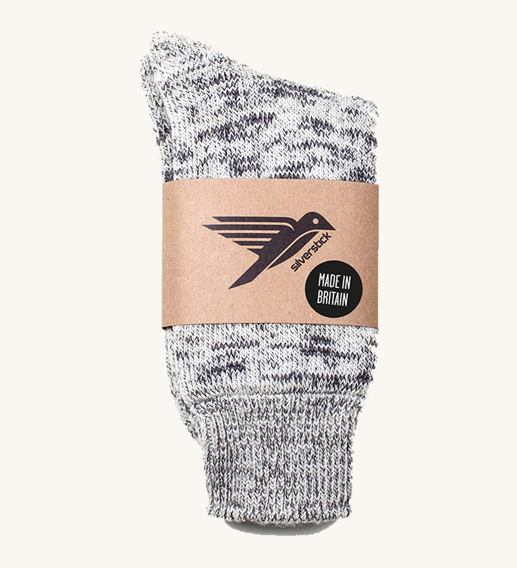 British made wool hiking socks by Silverstick, in a Dove marl with grey and white patterns.