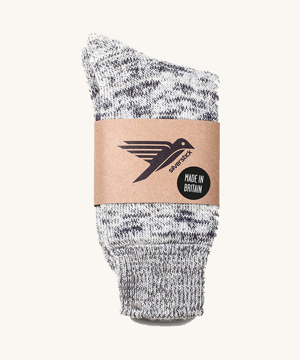 British made wool hiking socks by Silverstick, in a Dove marl with grey and white patterns.