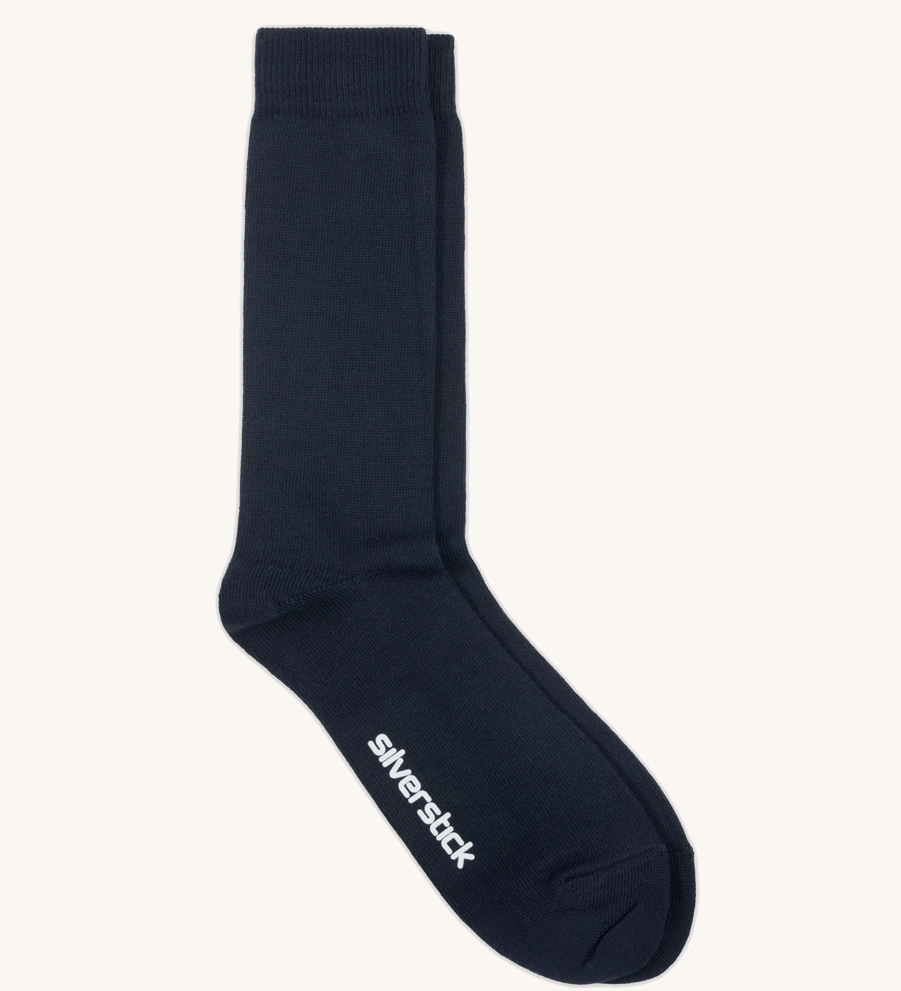 GOTS-Certified organic cotton socks by Silverstick in black with branding on the sole, made in Britain. 