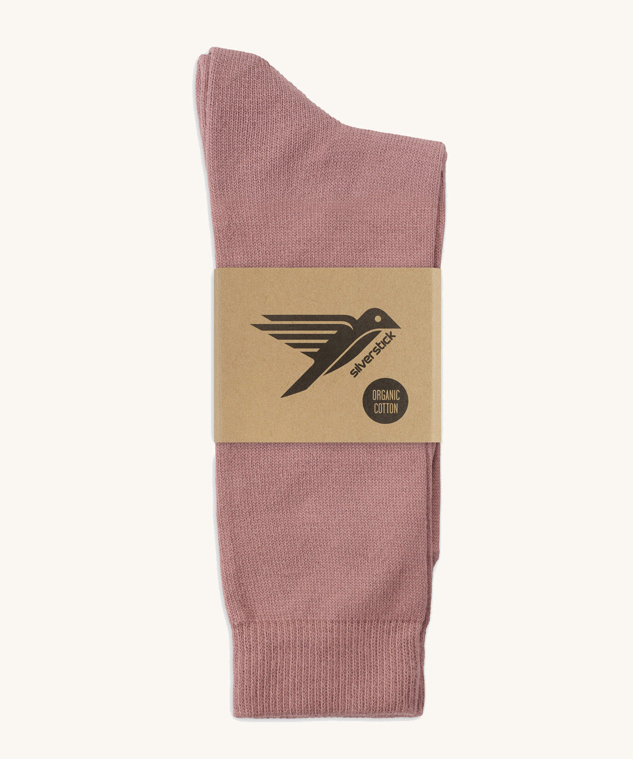 A pair of pink GOTS-Certified organic cotton everyday socks by Silverstick in recyclable paper packaging, made in Britain.