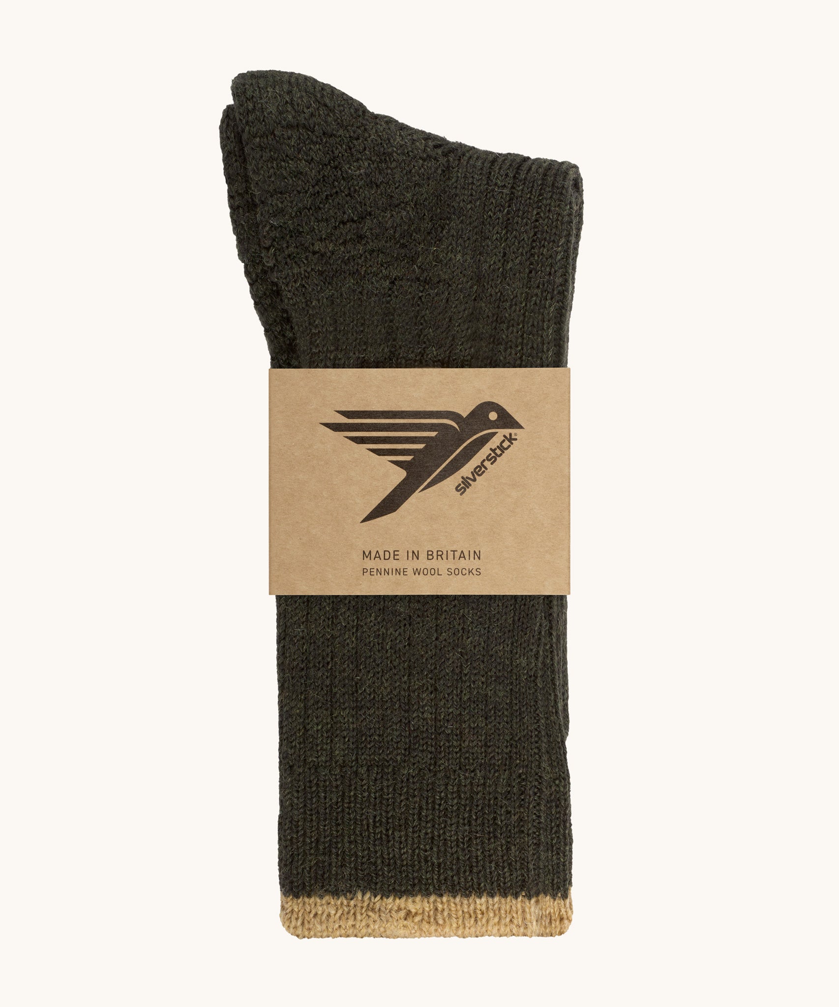 The moss green Silverstick Pennine Wool Socks shown folded over and placed in their cardboard packaging slip.