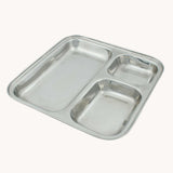 A Slice Of Green Stainless Steel Divided Plate. The plate has three sections, small, medium and large. This stainless steel plate is suitable for snacks and meals and perfect for children and adults. 