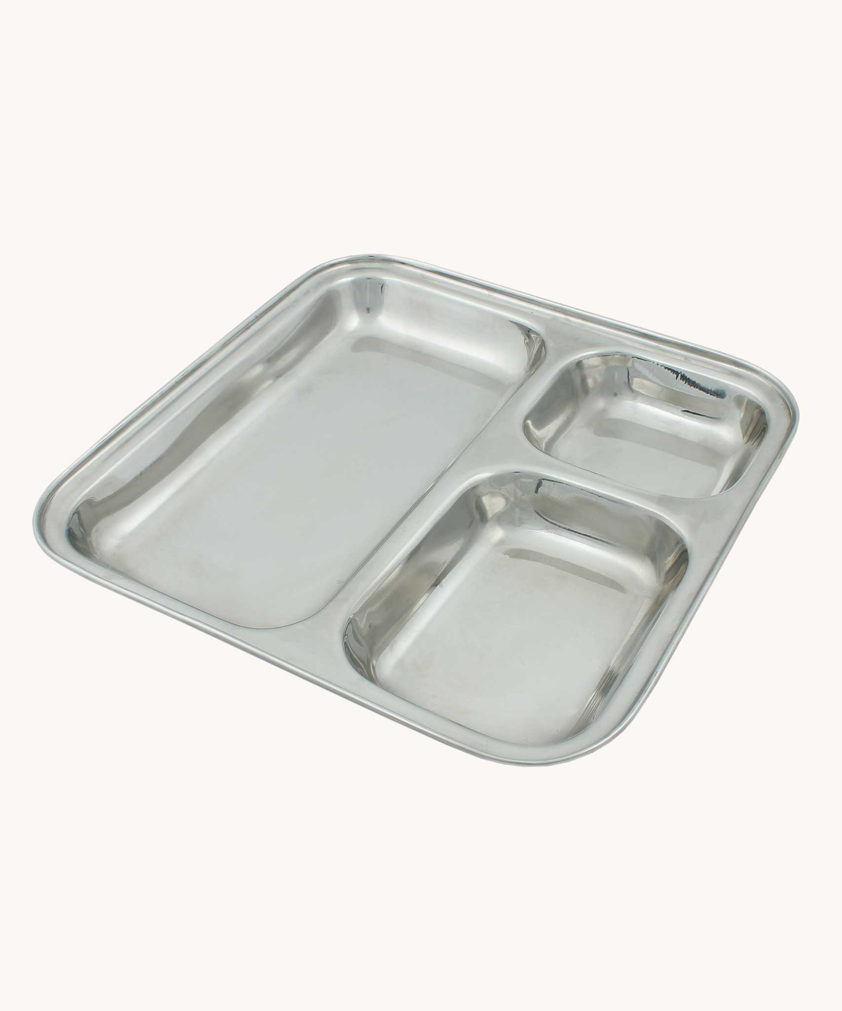 A Slice Of Green Stainless Steel Divided Plate. The plate has three sections, small, medium and large. This stainless steel plate is suitable for snacks and meals and perfect for children and adults. 