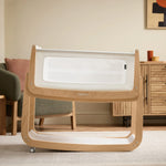 The SnuzPod5 with only 2 of its 4 wheels attached, to show the 'comfort incline mode'.