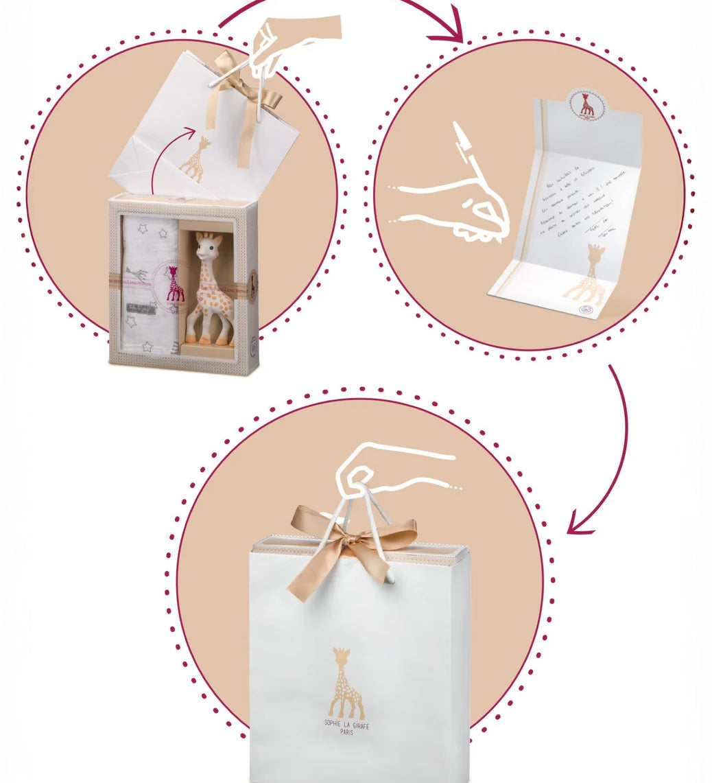 A diagram showing what to do with The Sophie the Giraffe premium baby gift set; take the gift bag out, write your personal message, and gift!