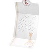 The branded Sophie the Giraffe greeting card that comes with the natural hevea rubber teething set.